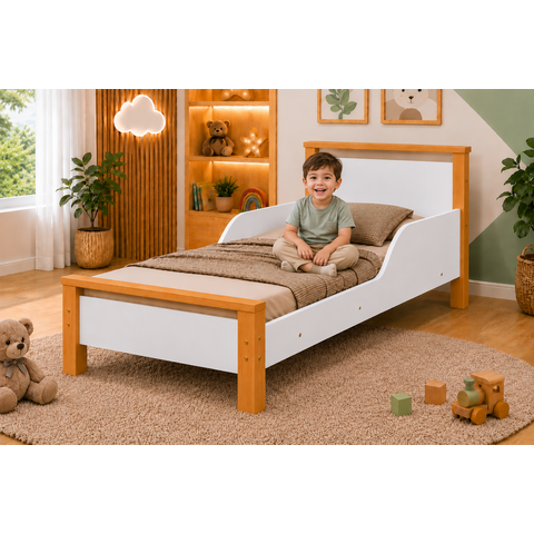 Mini Cama Infantil Branco e Mel com Laterais de Proteção e Pés em Madeira Maciça 157x78 cm