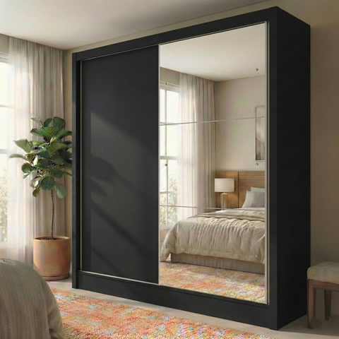 Guarda-Roupa Solteiro com Espelho 2 Portas de Correr e 2 Gavetas Peônia Yescasa Preto Prime TX