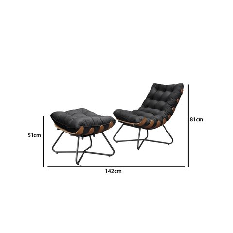 Poltrona Costela Decorativa com Puff Madeira Eva Preto