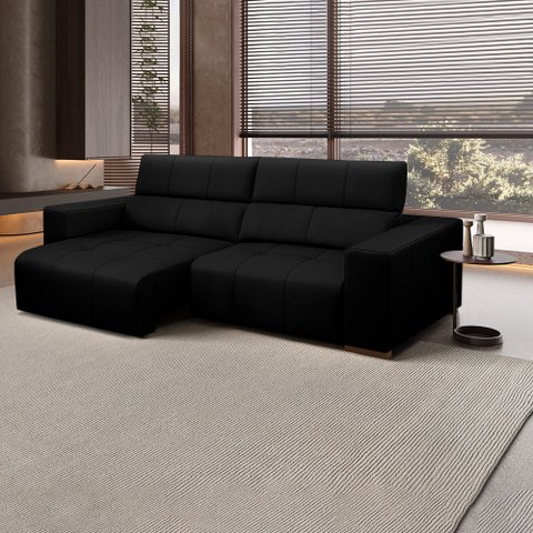 Sofá Decorativo Barbosa 3 Lugares Sala de Estar 250cm Reclinável e Retrátil Couro Preto G88 - Gran B