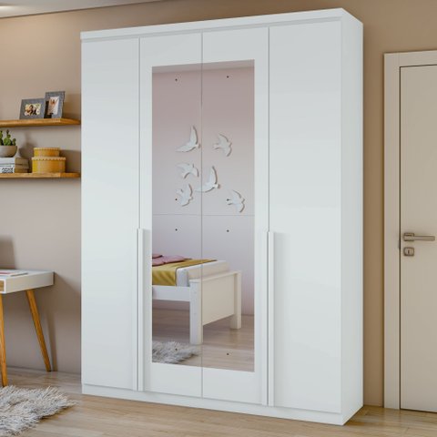 Guarda Roupa Solteiro 4 Portas 2 Gavetas com Espelho MDF Alonzo 153.5cm Branco