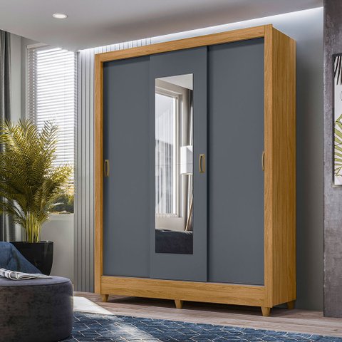 Guarda Roupa Bolívia 164cm 7 Portas Freijó Cinza com Espelho Moval