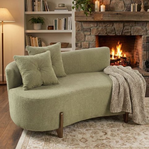 Sofá Orgânico c/2 Almofadas 1,40 cm Curvo Sala Recepção Luna Boucle Verde - Montanaris Decor