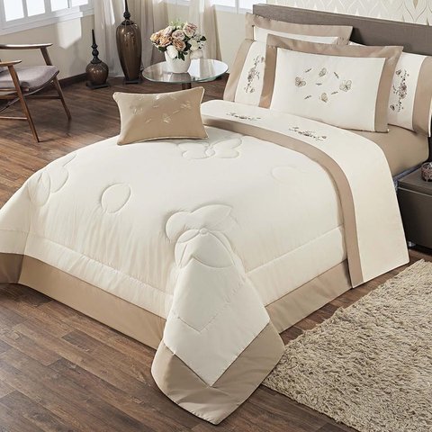 Kit Edredom Bordado Flora Queen 5 Peças Palha/bege