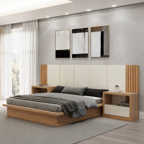 Kit Quarto Cama + 2 Mesa de Cabeceira + Cabeceira 3,0m Mdf Cor: Off White com Freijó