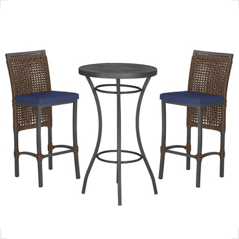 Mesa Bistrô e 2 Banquetas Roma Preta Corda Náutica Estofado 10 Trama Original