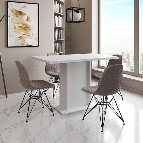 Mesa Jantar Londres Tampo Branco 120cm 4 Cadeiras Ferro Preto Estofado Nude Médio