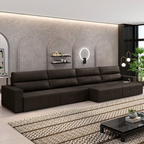 Sofá Retrátil 6 Lugares 364cm 4 Módulos Nero com USB Couro Marrom G52 - Gran Belo