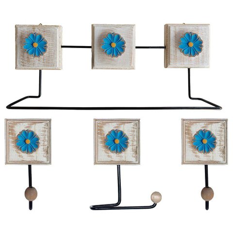 Kit Banheiro com 2 Toalheiros + Porta Papel Higiênico + Toalheiro Rustico Artesanal Cor Azul