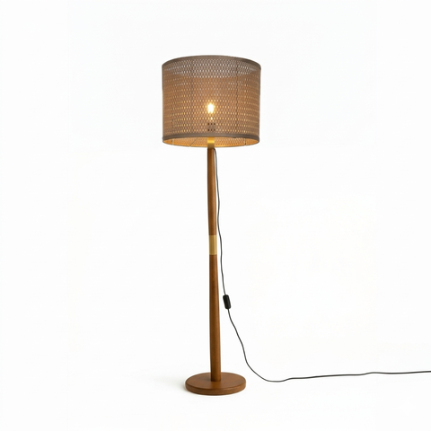 Luminária de Chão Imperial Base Madeira Detalhe Dourado 160cm Bivolt - Teca/Marrom