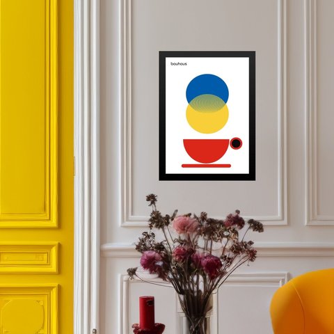 Quadro Bauhaus Multicolor - Xícara de Café 24x18cm:moldura Branca