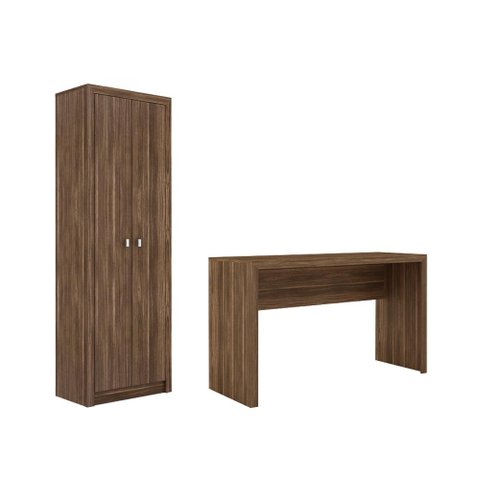Escritório com Mesa para Computador Simples Gavetas com Armário 2 Portas Nogal - Fdecor