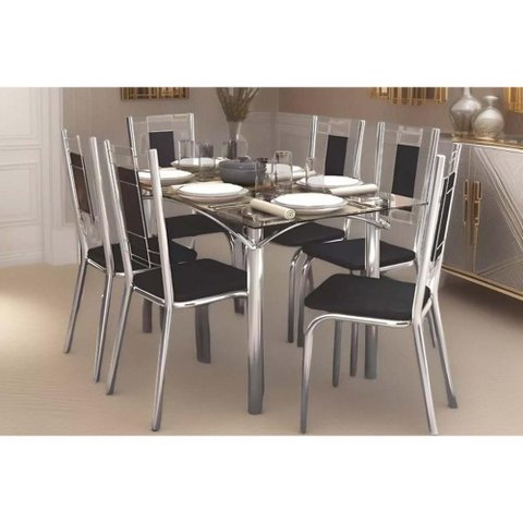 Sala de Jantar Completa Elba C/ Tampo de Vidro 80x150cm e 6 Cadeiras Florença Cromada - Courano