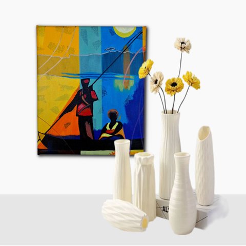 Mini Quadro com Barqueiro Transportando Uma Mulher em Acrílico 30x25cm