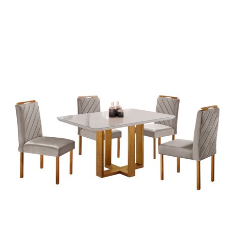 Conjunto Sala de Jantar 4 Lugares Madeira Maciça Mesa Lisy e Cadeiras Jade Veludo Marrom Acinzentado