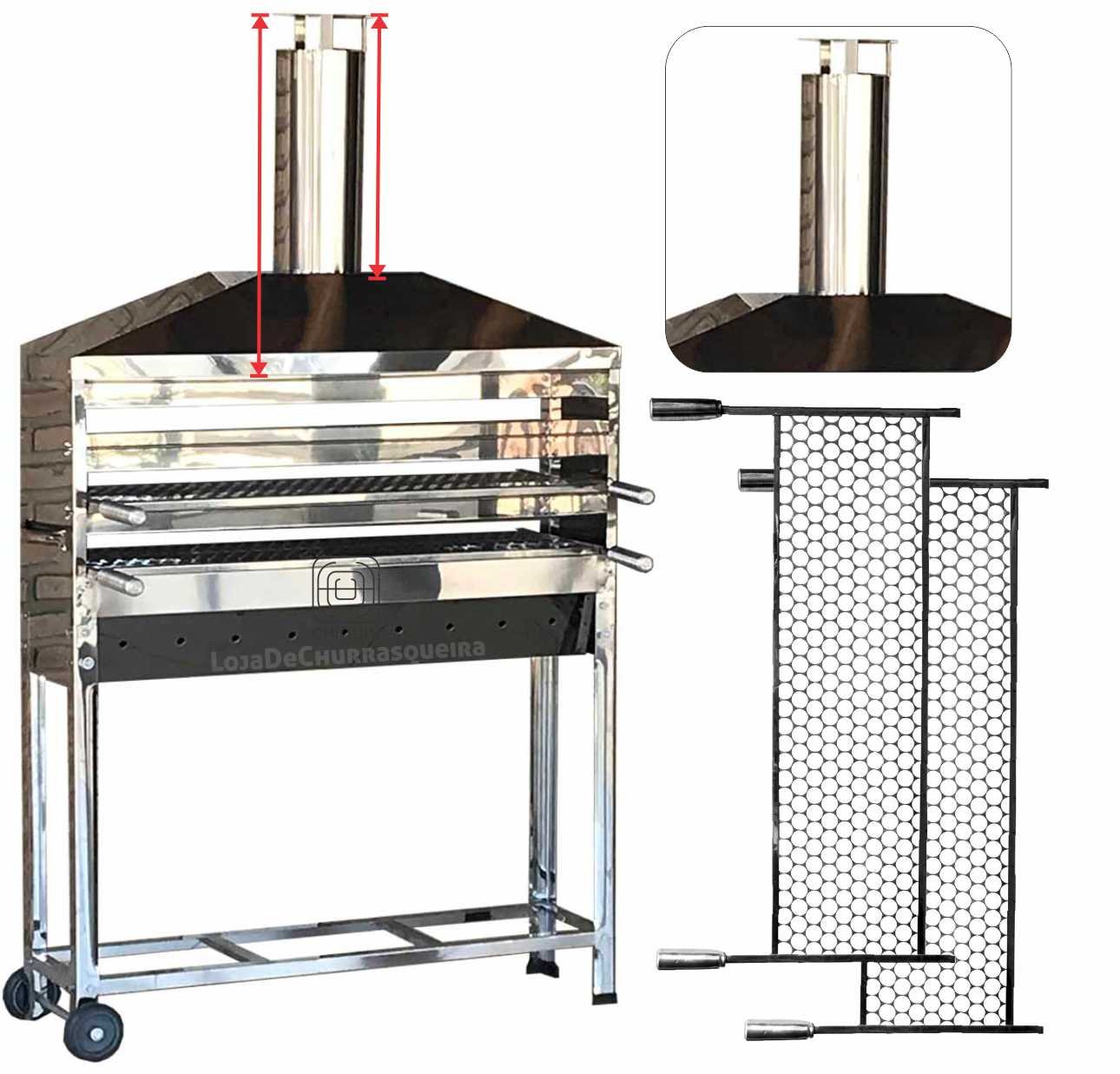 Churrasqueira Para Espetinho Carrinho de Churraso Aço Inox Tamanho 1 Metro Com 2 Grelhas Inox Coifa 