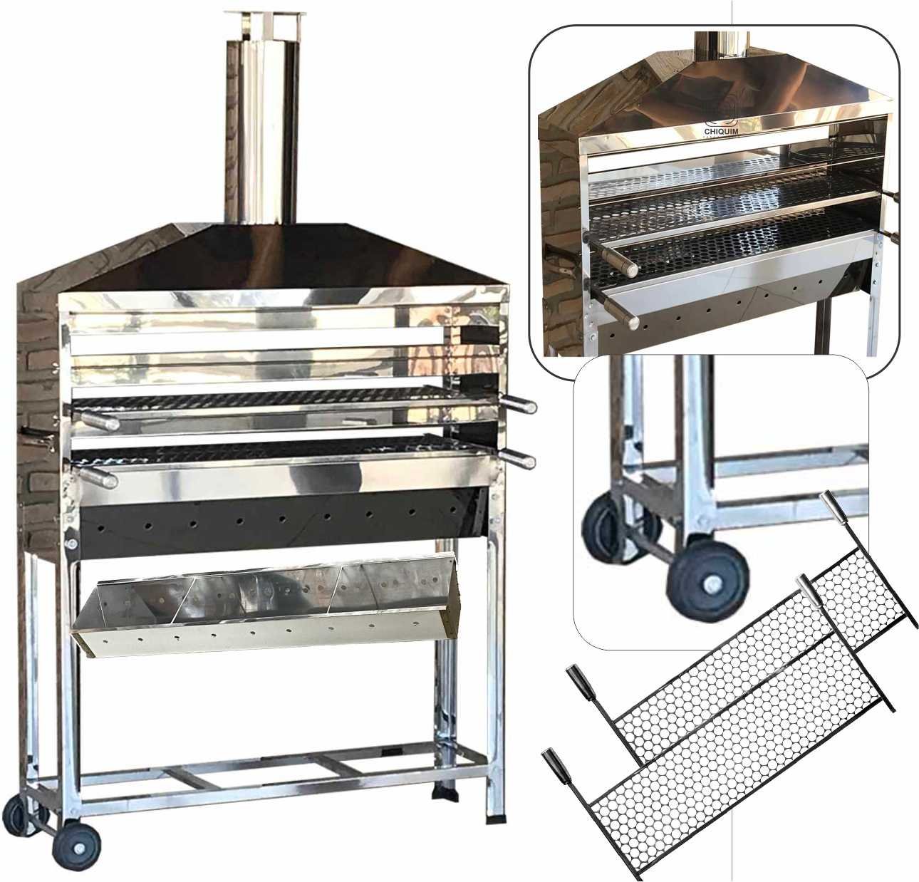 Churrasqueira Para Espetinho Carrinho de Churraso Aço Inox Tamanho 1 Metro Com 2 Grelhas Inox Coifa  - 3