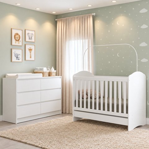 Conjunto Quarto de Bebê com Berço Minicama + Cômoda Girassol Branco Espresso Moveis