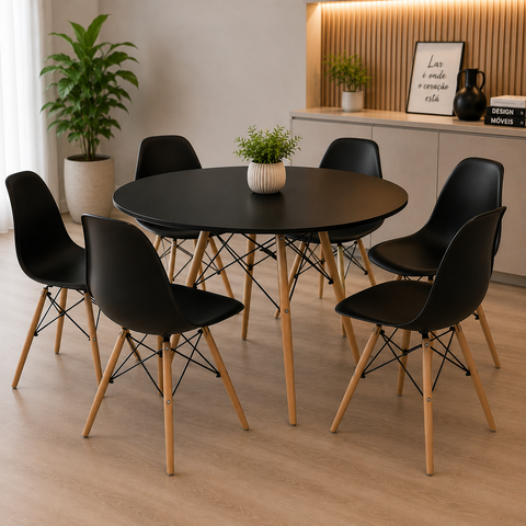 Conjunto de Mesa Redonda Eames 100cm Preto + 6 Cadeiras Eiffel Dsw Preto