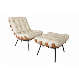 Poltrona Costela com Puff Couro:off White