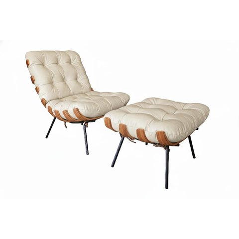 Poltrona Costela com Puff Couro:off White