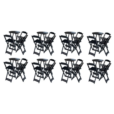Kit 8 Jogos de Mesa Bistrô de Madeira Dobrável com 3 Banquetas - Preto