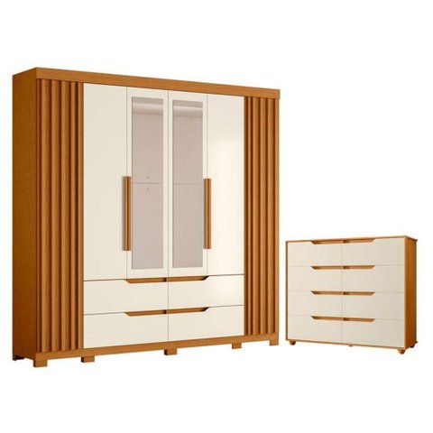 Kit Guarda Roupa Doble 6 Portas Espelho e Cômoda 8 Gavetas Off White Albatroz