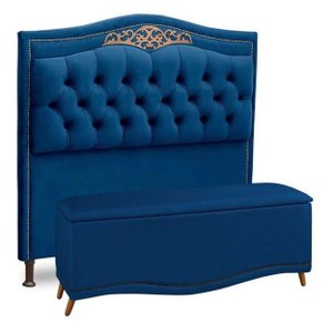 KIT Cabeceira Mais Calçadeira com bau DUNAS Casal 1,40 cm Para Cama Box veludo azul marinho Dalaqua-