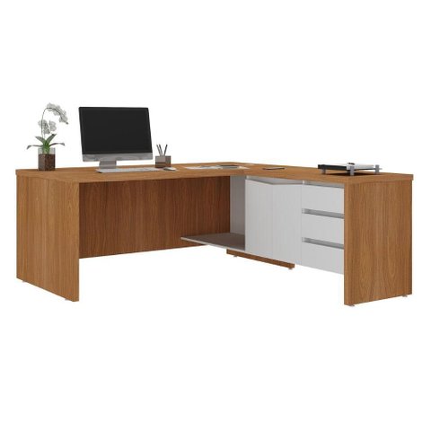 Mesa Escritorio 3 Gavetas 2 Portas em L Tampo Tamburato 190x180 cm Freijo Branco Artany