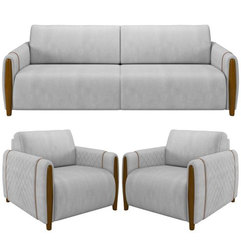 Kit Sofá 03 Lugares Sala Estar 223cm com 02 Poltronas Flora Pés Madeira M03 Veludo Cinza - Lyam