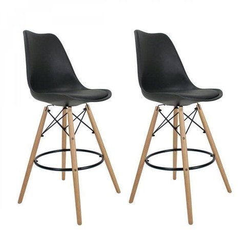 Kit 2 Banquetas Altas com Encosto Saarinen Preto/Madeirado