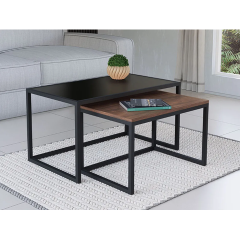Conjunto Mesa de Centro Industrial 84cm e 80cm Aço Preto Duo Madeira Don Castro Decor