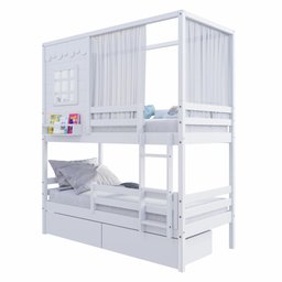 Beliche Casinha Reta com 02 Gavetas Grade Removível e Cortina Madeira Maciça Branco Housin - 6 Beliche Casinha Reta com 02 Gavetas Grade Removível e Cortina Madeira Maciça Branco Housin - 6