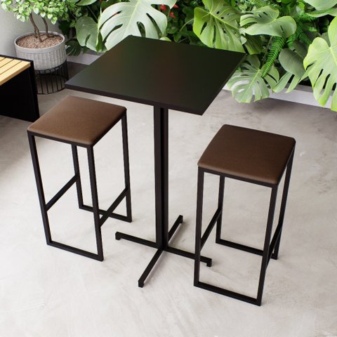 Conjunto Mesa Alta Bar Bistrô Quadrada Preta 2 Bancos Estofado Don Castro Decor
