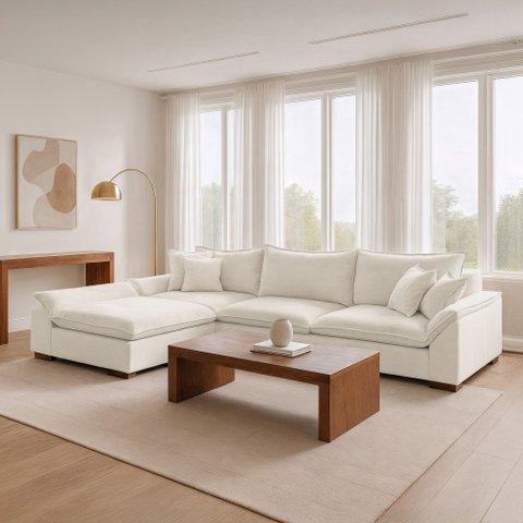 Sofá de Canto 6 Lugares com Chaise Modulado 320cm com Base em Madeira Maciça  Dominique