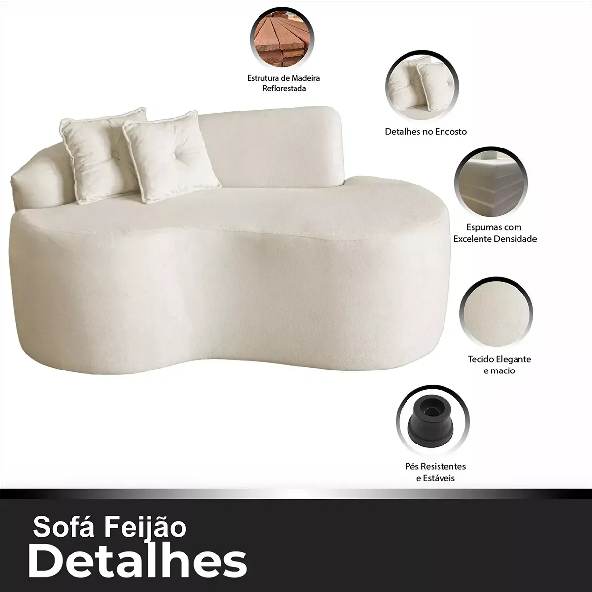 Sofá Feijão Curvo Pequeno 2 Lugares Moderno Forma Orgânica Bouclé Creme - 9