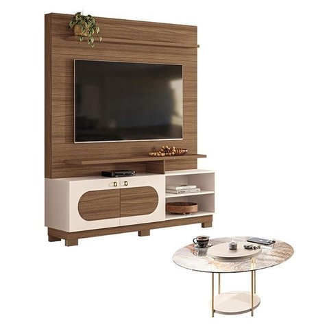 Estante Home Theater Axis Castanho Off White com Mesa de Centro Sky com Tampo de Vidro Off White -
