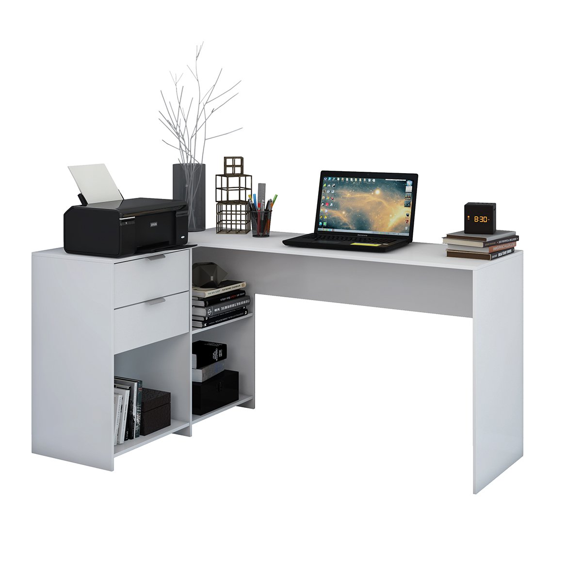 Escrivaninha Mesa para Computador Office em L Durango 2 Gavetas e 3 Nichos 135cm Cor:branco