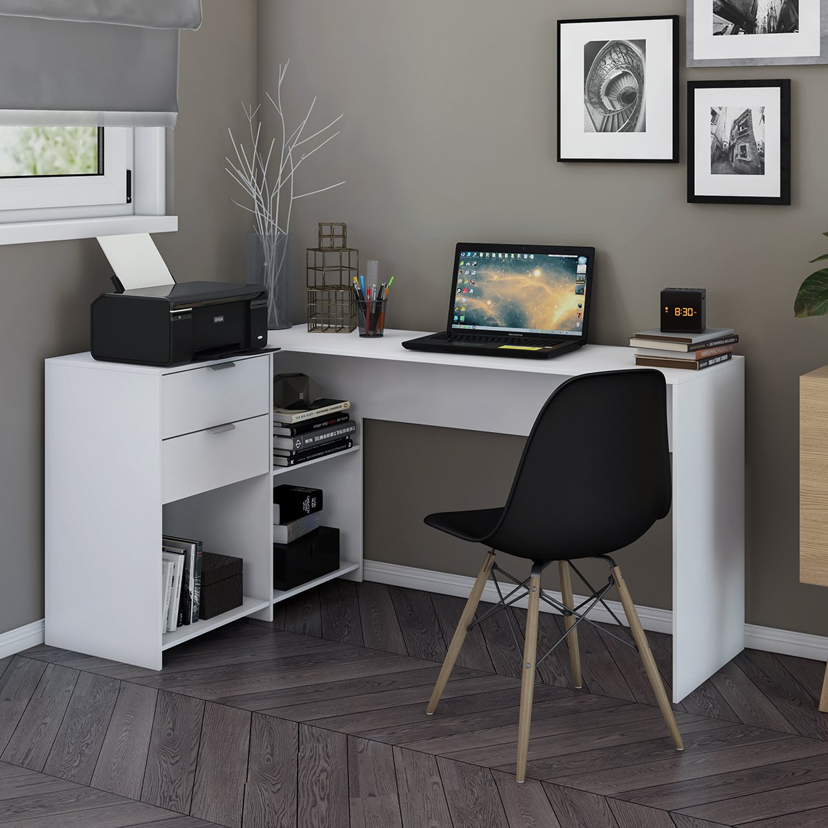 Escrivaninha Mesa para Computador Office em L Durango 2 Gavetas e 3 Nichos 135cm Cor:branco - 2