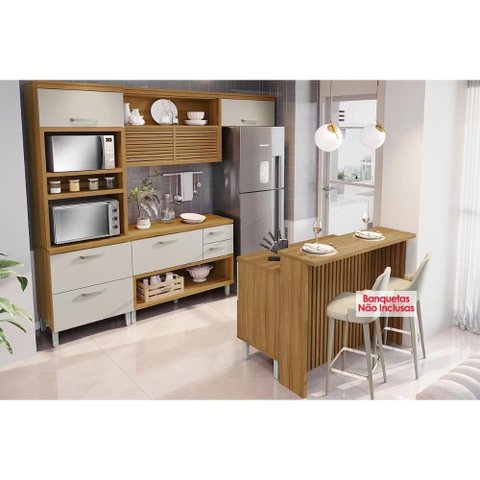 Cozinha Completa Princesa 5 Peças (1 Armário + 2 Balcões + 1 Paneleiro + 1 Ilha) C6p61 Freijo/off