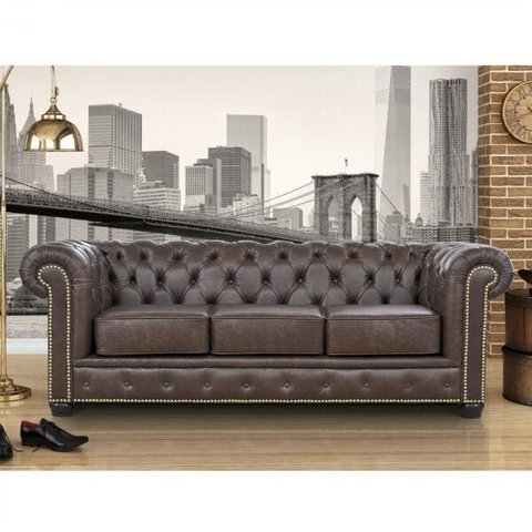Sofá 3 Lugares com Tachas em Couro Legítimo Chesterfild 