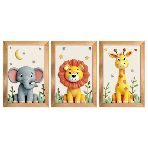 Kit 3 Quadros 20x30 Infantil Safari Savana 3d Moldura Mel