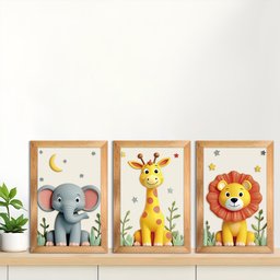 Kit 3 Quadros 20x30 Infantil Safari Savana 3d Moldura Mel - 3