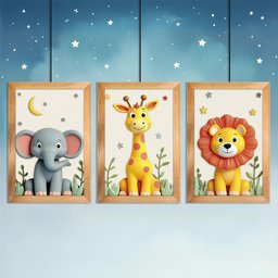Kit 3 Quadros 20x30 Infantil Safari Savana 3d Moldura Mel - 2
