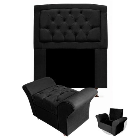 Kit Cabeceira Geovana + Calçadeira Baú Veneza Solteiro 100cm Suede - Renascer Decor:Preto