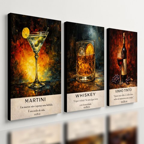 Kit 3 Quadro Decorativo Drinks Bar Coquetel Bebidas Moderno Qualidade Premium Luxo 28x20cm