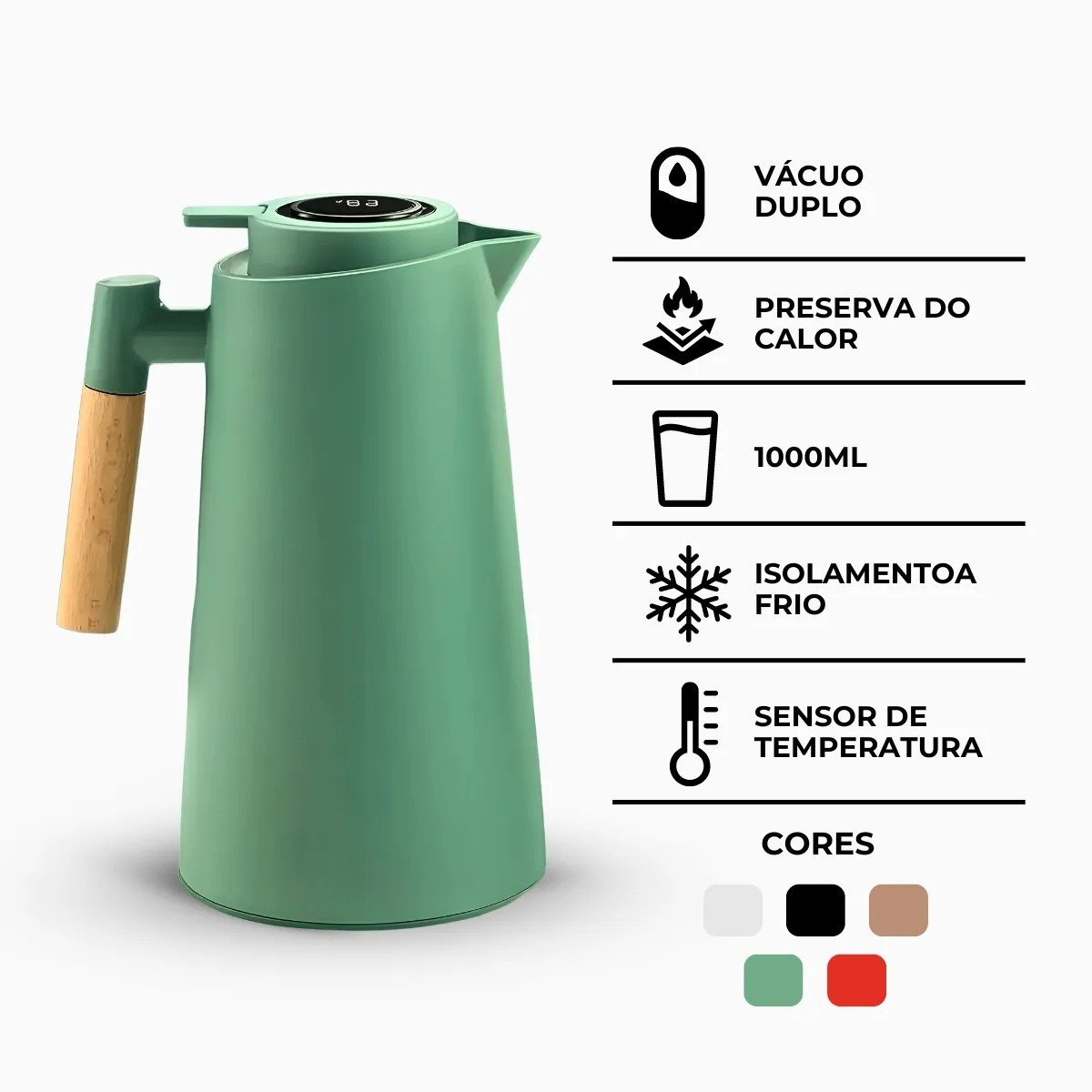 Garrafa Térmica com Termômetro 1l Cabo para Madeira Chá Café Cor:verde - 9