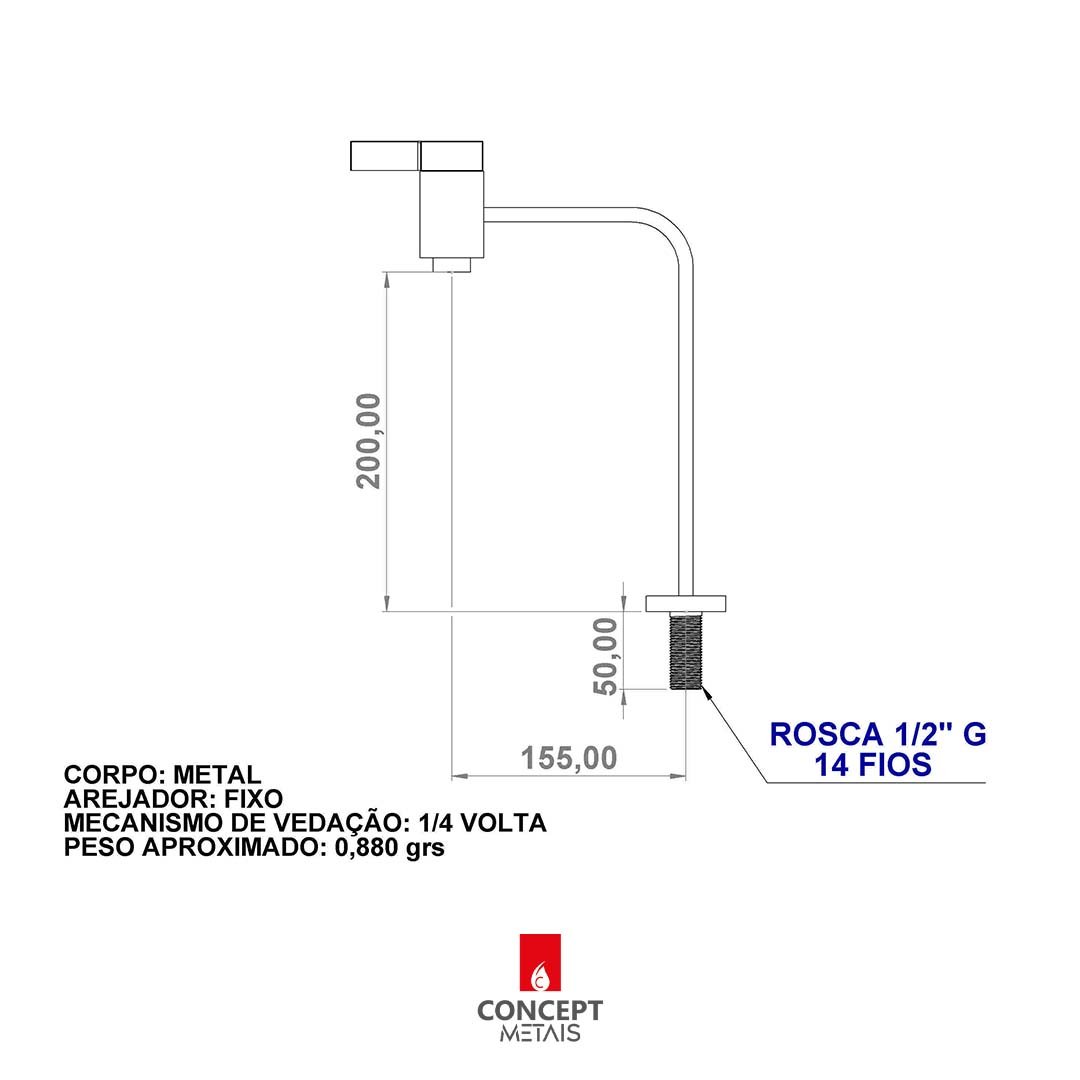 Torneira Luxo Square Alta Lavatório ou Cozinha Cromada Cano Retangular 9065 Concept Metais - 5