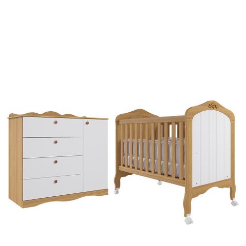 Jogo de Quarto Infantil Cômoda Encanto e Berço Harmonia Nature/branco - Permóbili Baby