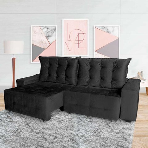 Sofá Euro Retrátil e Reclinável 220cm Veludo Light Preto – Ws Estofados